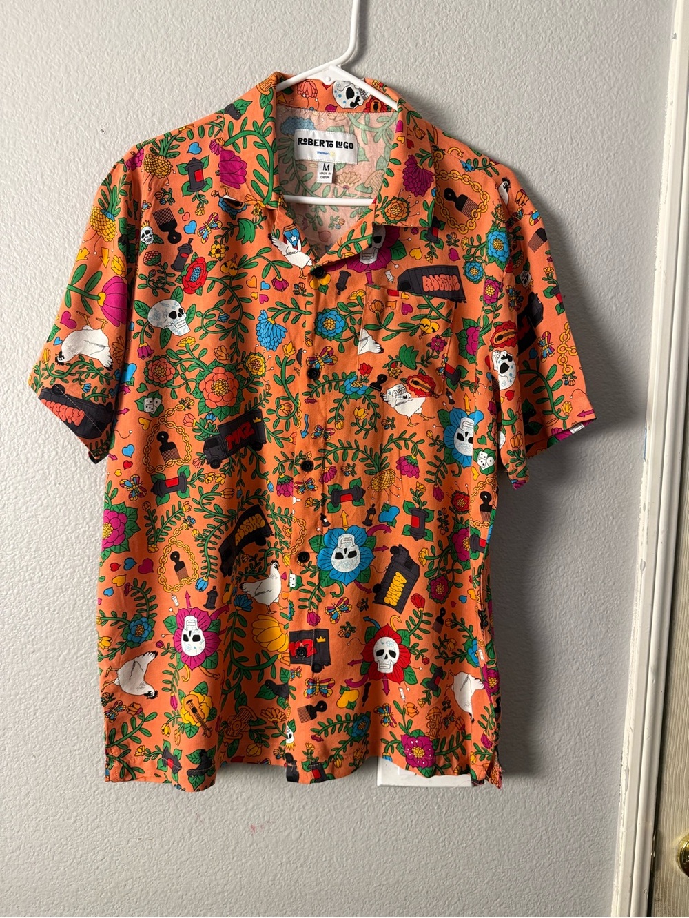 Robert to Lugo Orange Floral Skull Short-Sleeve Button-Down Shirt -Unisex SZ M